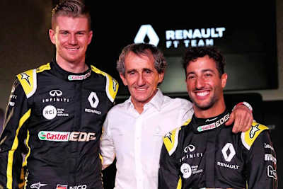 Alain Prost (Mitte) mit den 2019er Renault-Fahrern Nico Hülkenberg und Daniel Ricciardo