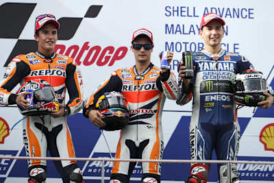 2013: Marc Márquez neben Sieger Dani Pedrosa und Jorge Lorenzo