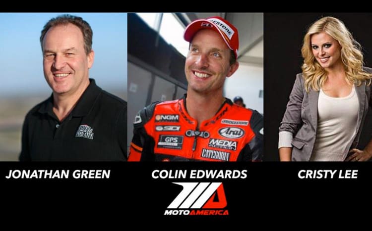 Das CBS Sports-TV-Team: Jonathan Green, Colin Edwards und Cristy Lee
