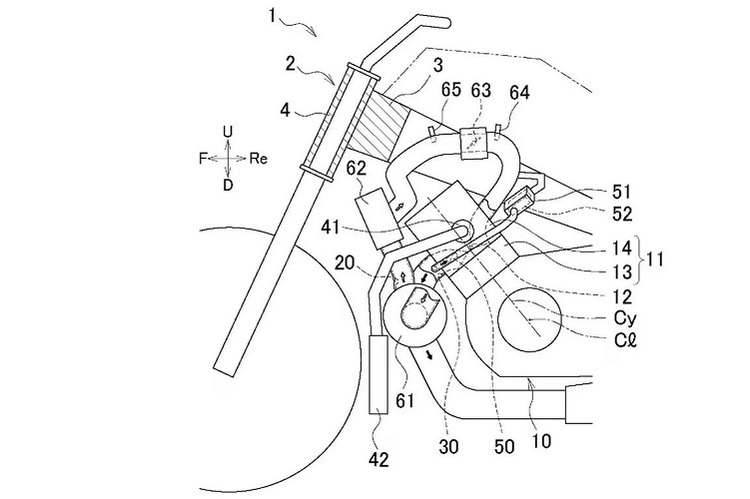 Yamaha: E-Turbo (61) mit Ladeluftkühler (62) zwecks Downsizing auch beim Motorrad