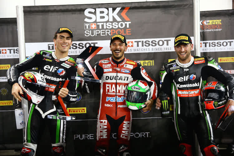 Die erste Startreihe in Katar: Baz (2.), Giugliano (1.) und Sykes (3.)