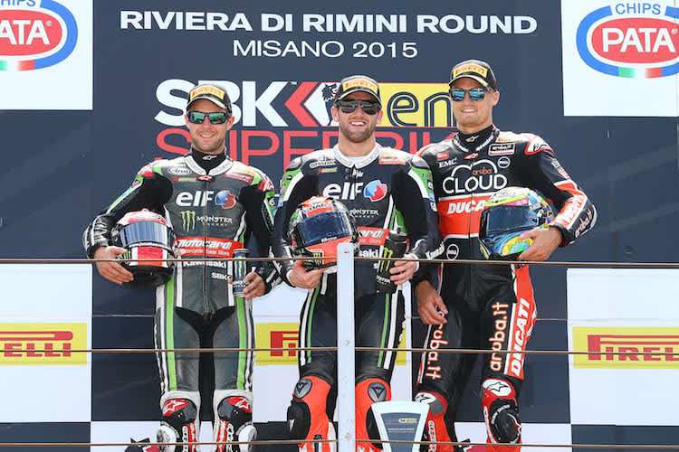 Die Top-3 der Superbike-WM 2015: Jonathan Rea, Tom Sykes, Chaz Davies (v.l.)