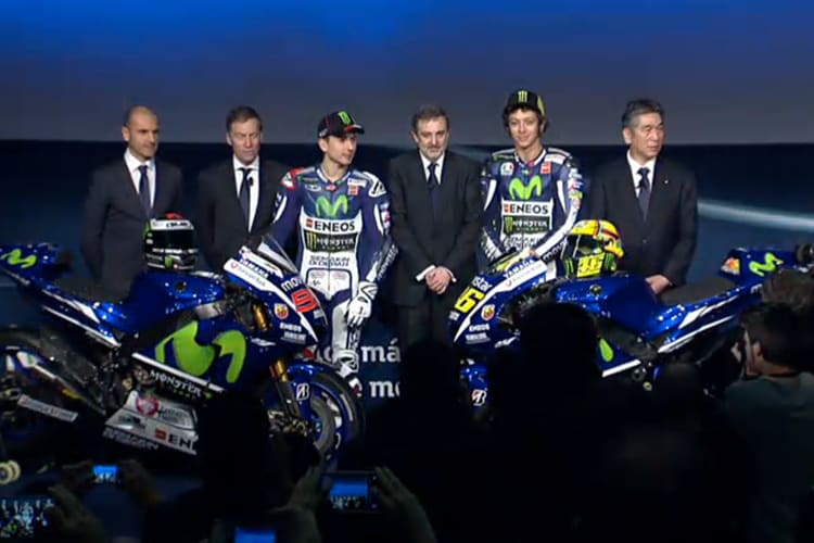 Von links: Rossis Teammanager Massimo Meregalli, Lin Jarvis, Lorenzo, Movistar-Manager Gilperez, Rossi und Kouichi Tsuji