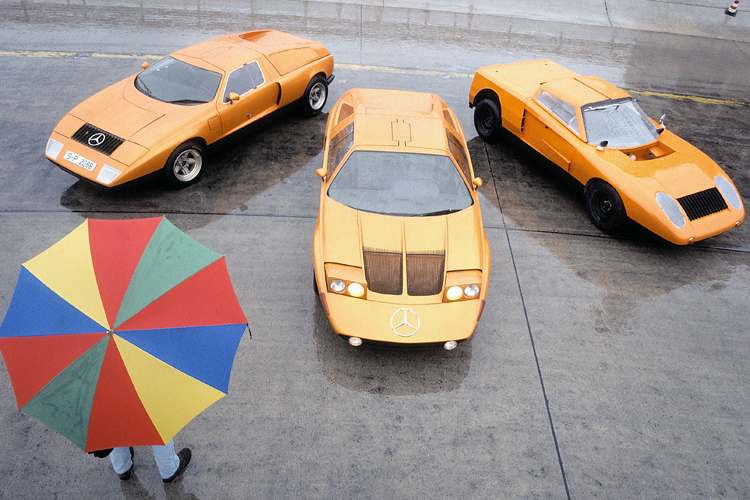 Dreimal C 111: die erste Version von 1969 (links), das Erprobungsfahrzeug „Hobel“ (rechts) und die in Genf präsentierte zweite Version von 1970.