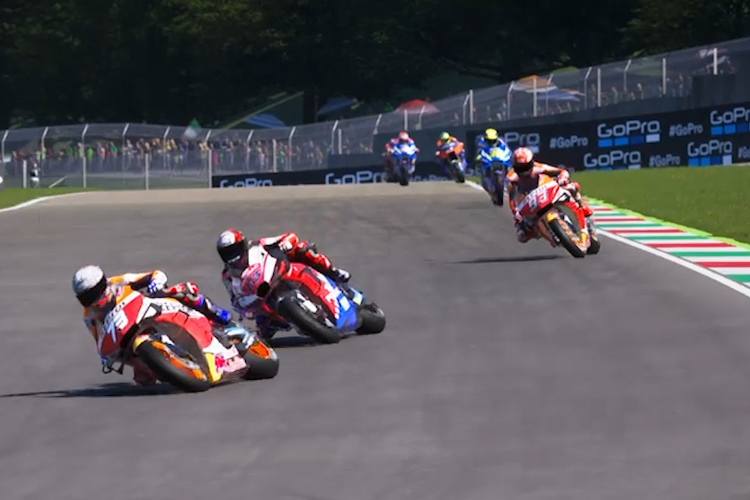 Die erste Runde der virtuellen MotoGP-Premiere: Alex Márquez vor Francesco Bagnaia und Marc Márquez