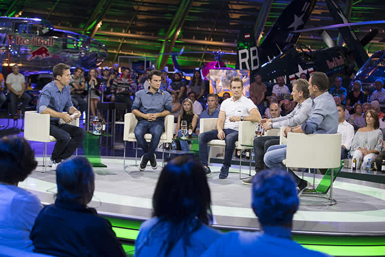 Moderator Christian Brugger mit Dani Pedrosa, Mika Kallio, Mike Leitner und Alex Hofmann