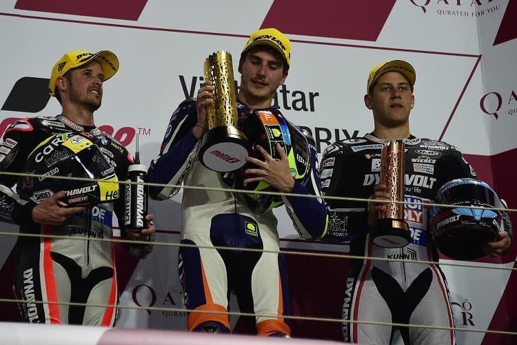 Das erste Moto2-Podium der Saison 2019: Lüthi, Baldassarri und Schrötter