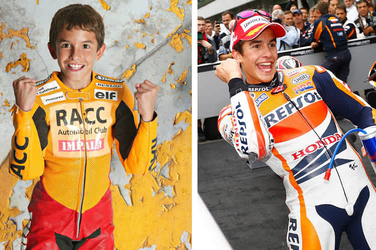 Der Vergleich; Marc Márquez jubelt 2004 in Barcelona, rechts in Brünn 2013