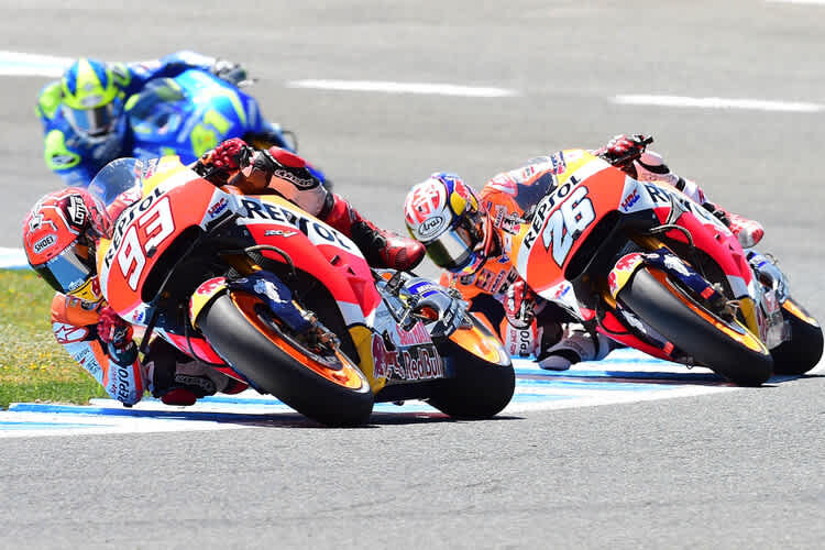 Im Rennen: Marc Márquez (93) vor Pedrosa und Aleix Espargaró