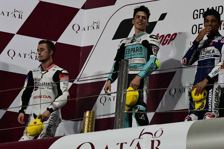 Drei Honda-Piloten auf dem Podest: John McPhee, Sieger Joan Mir und Jorge Martin