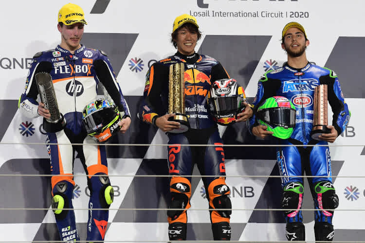 Das erste Moto2-Podest des Jahres 2020: Lorenzo Baldassarri, Tetsuta Nagashima und Enea Bastianini