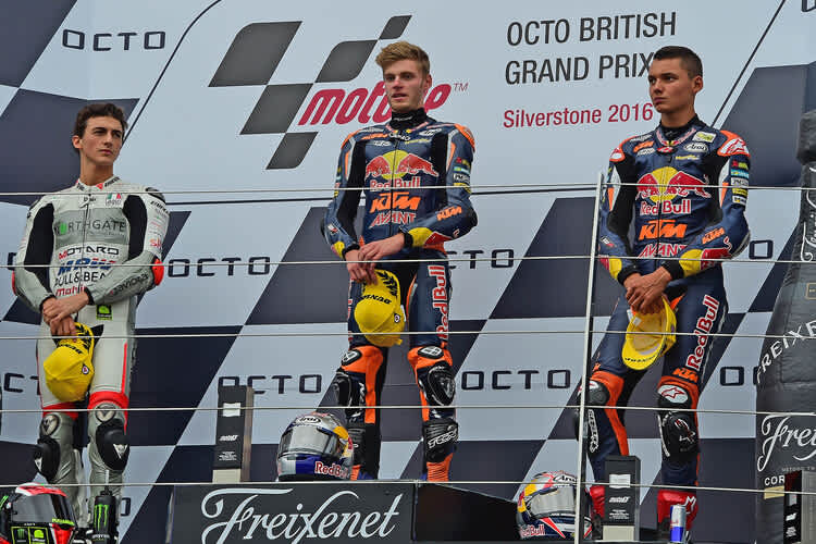 Brad Binder (Mitte) siegte vor Francesco Bagnaia und Bo Bendsneyder