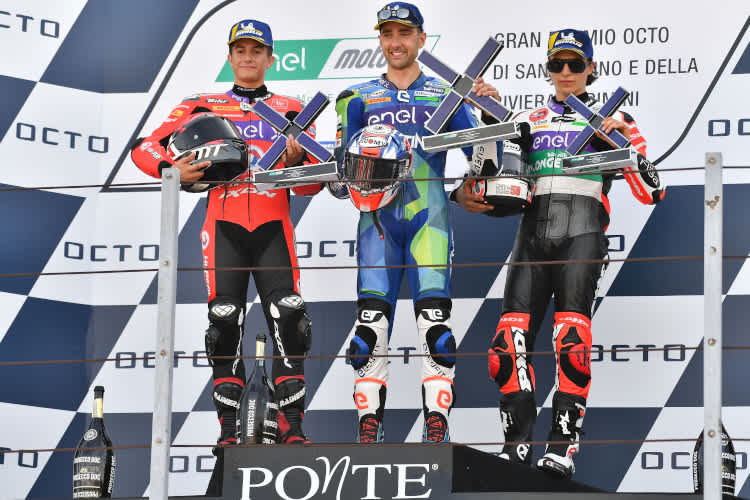 Das MotoE-Podium am Sonntag: Garzo, Ferrari und Casadei