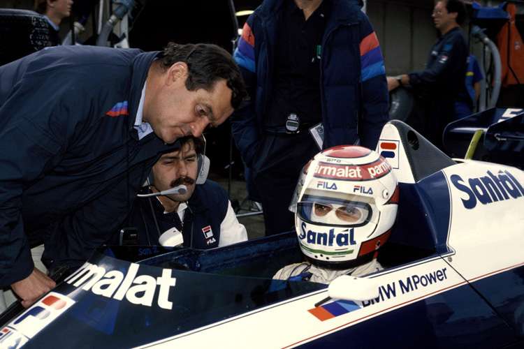 Paul Rosche (links) mit Konstrukteur Gordon Murray und Nelson Piquet im Brabham-BMW