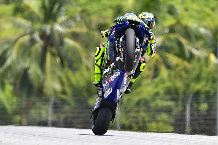 Ein spektakuläres Wheelie für die Fans: Rossi in Sepang