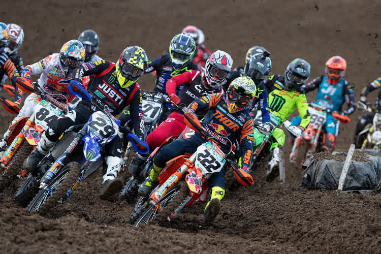 Henry Jacobi (#29) biegt neben Red Bull-KTM-Star Tony Cairoli (#222) in die erste Kurve ein