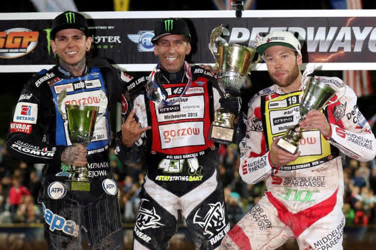 Die Top-3 von Krsko: Tai Woffinden, Greg Hancock und Peter Kildemand (v.r.)