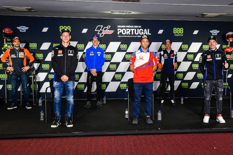 Oliveira, Quartararo, Mir, Zarco, Marc Márquez und Viñales (v.l.n.r.)