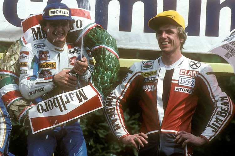 Sieger Fausto Gresini, rechts Gustl Auinger, der ihn um 18 cm überragte