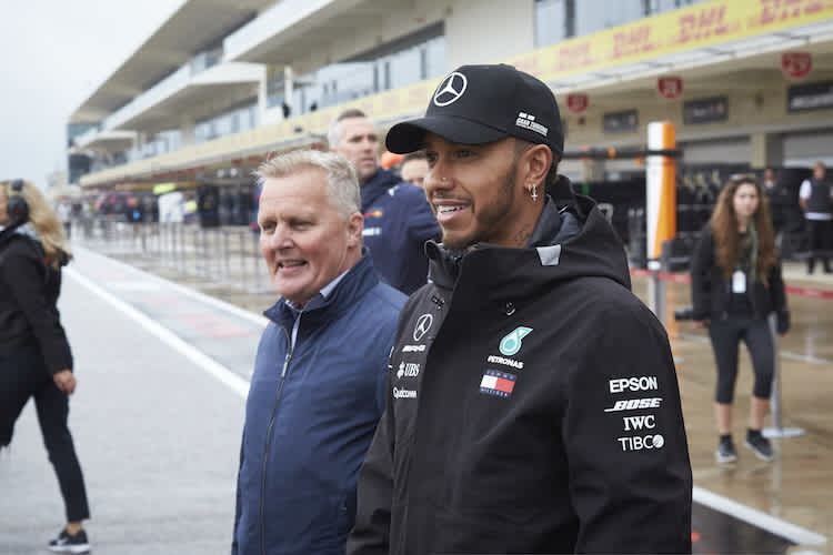 Johnny Herbert und Lewis Hamilton 2018 in Austin