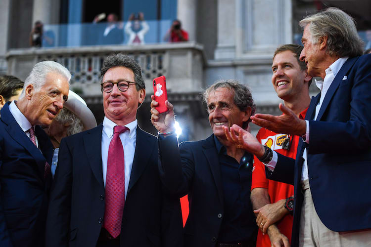 Ferrari-Feier im September 2019: Piero Ferrari, Ferrari-CEO Louis Camilleri, Alain Prost, Sebastian Vettel und Luca Montezemolo