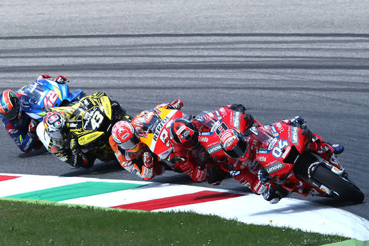 Mugello 2019: Dovizioso (04), Petrucci, Márquez, Miller und Rins