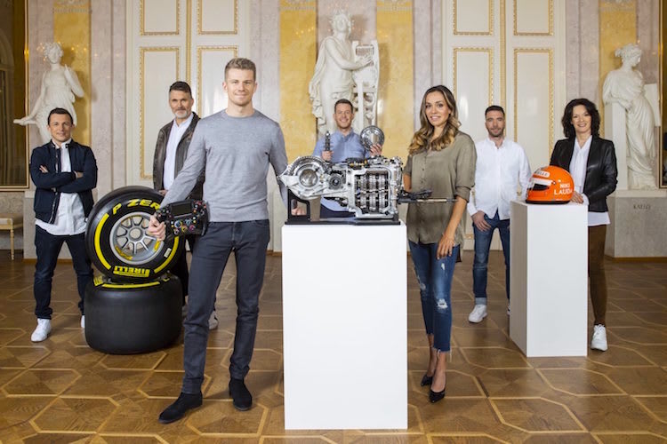 Die ServusTV-F1-Truppe: Christian Klien, Andreas Gröbl, Nico Hülkenberg, Philipp Brändle, Andrea Schlager, Philipp Eng und Tanja Bauer