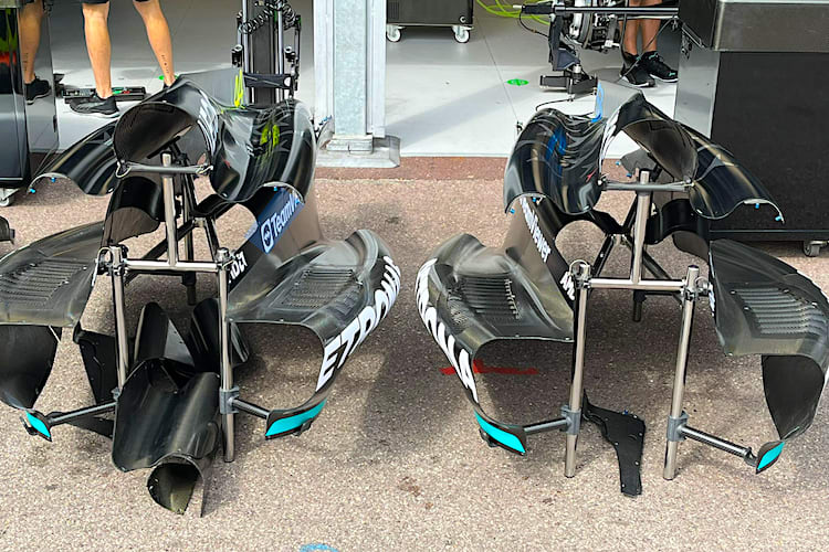 Die neue Seitenkastenform für den Mercedes von Lewis Hamilton und George Russell