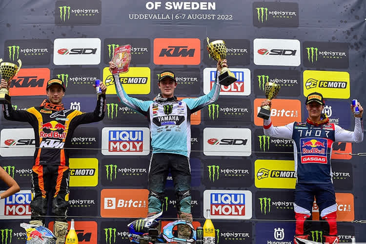 Das MX2-Podium in Uddevalla, Geerts gewann vor Vialle und Längenfelder