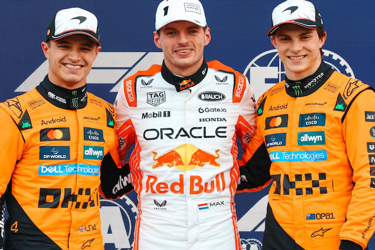 Lando Norris (2.), Max Verstappen (1.) und Oscar Piastri (3.)