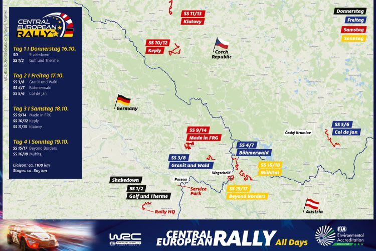 Der Streckenplan der Central European Rallye, die vom 16. bis 19. Oktober 2025 ausgefahren wird