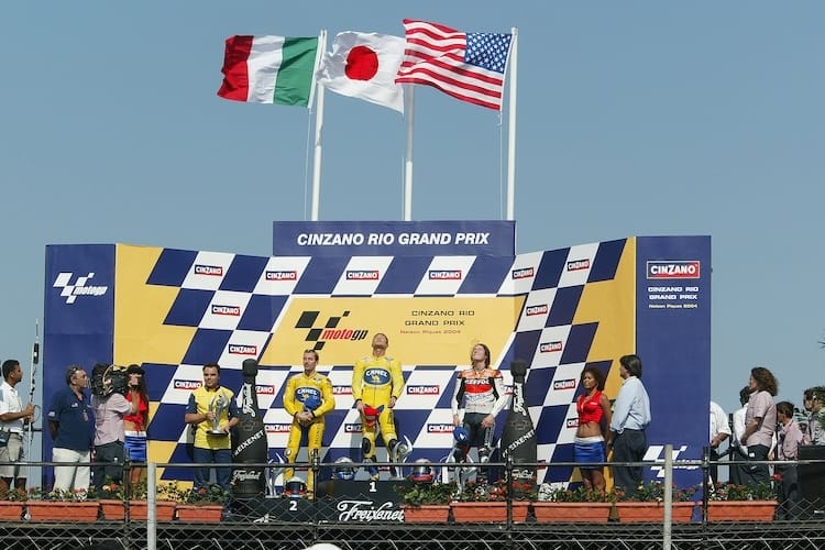 Beim letzten GP in Brasilien 2004 triumphierten Makoto Tamada, Max Biaggi und Nicky Hayden