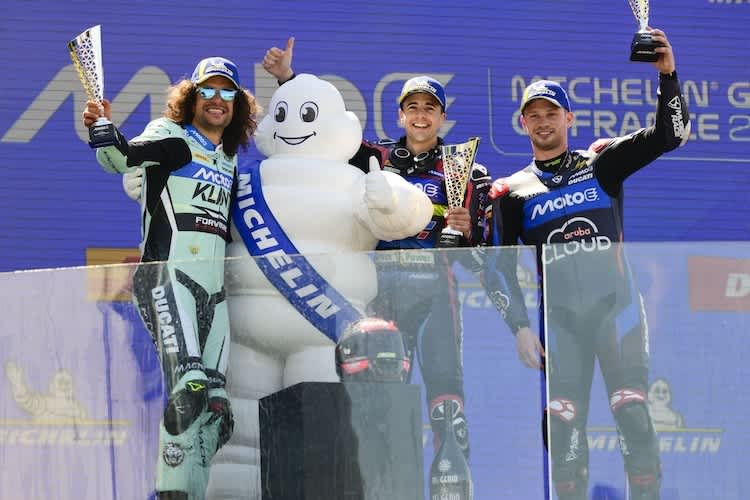 Podium in Le Mans, Rennen 1: Oscar Gutierrez, Andrea Mantovani und Alessandro Zaccone
