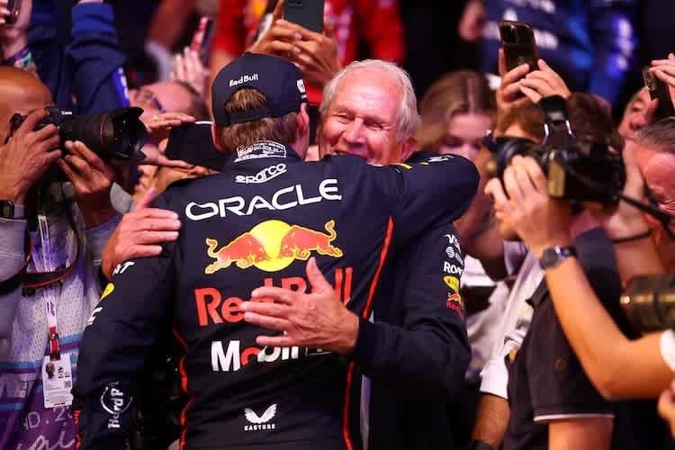 Max Verstappen und Dr. Helmut Marko nach dem Katar-GP