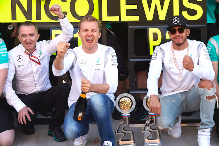 Paddy Lowe, Nico Rosberg und Lewis Hamilton
