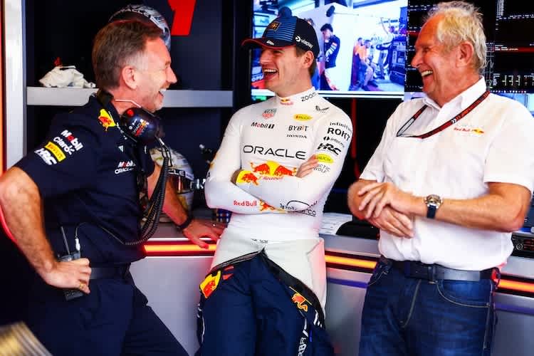 Christian Horner, Max Verstappen und Dr. Helmut Marko