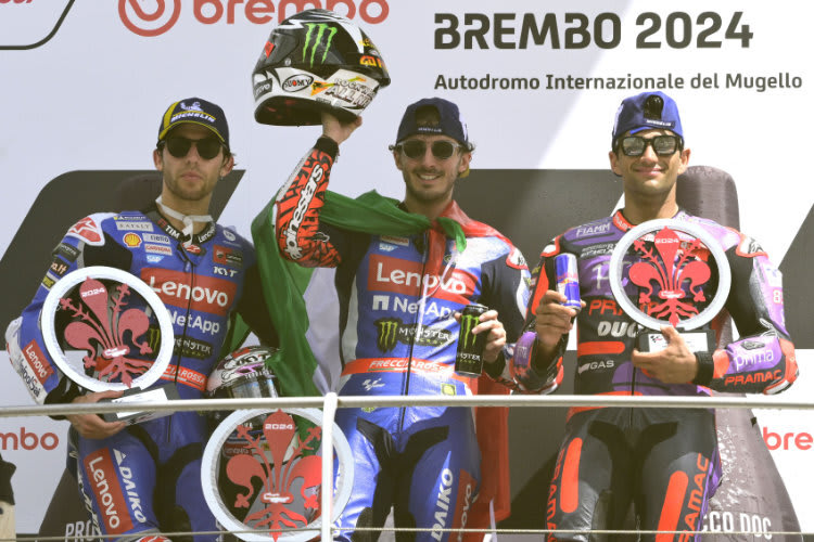 Die Top-3 in Mugello (v.l.): Enea Bastianini, Pecco Bagnaia und Jorge Martin