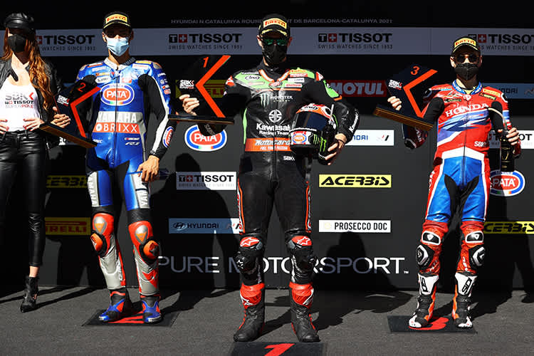 Die Top-3 des Sprintrennens: Razgatlioglu, Rea und Bautista (v.l.)