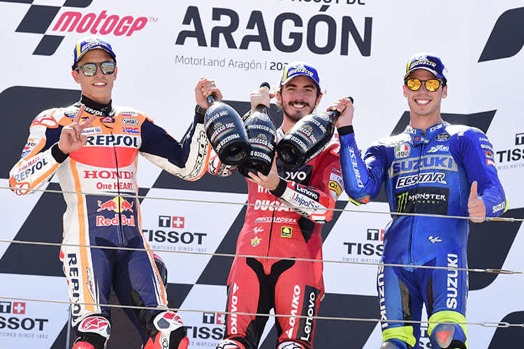 Die Top-3 von Aragón: Marc Márquez, Pecco Bagnaia und Joan Mir (v.l.)