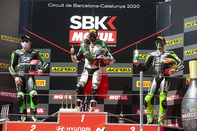 Die Top-3 im zweiten Barcelona-Rennen: Lucas Mahias, Andrea Locatelli und Philipp Öttl (v.l.)