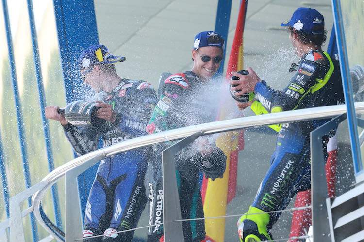 Mit Fabio Quartararo, Maverick Viñales und Valentino Rossi landeten im Andalusien-GP drei Yamaha-Piloten auf dem Podest  