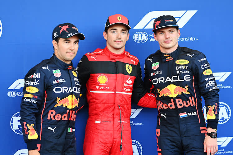 Sergio Pérez, Charles Leclerc und Max Verstappen