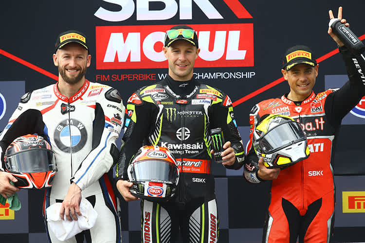 Die Top-3 von Rennen 1: Sykes (BMW), Rea (Kawasaki) und Bautista (Ducati)