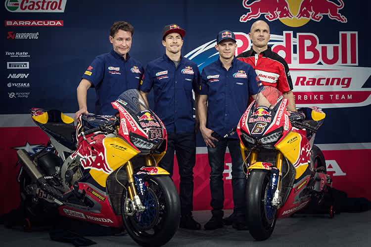 Teammanager Ronald ten Kate, Nicky Hayden, Stefan Bradl und Marco Chini von Honda