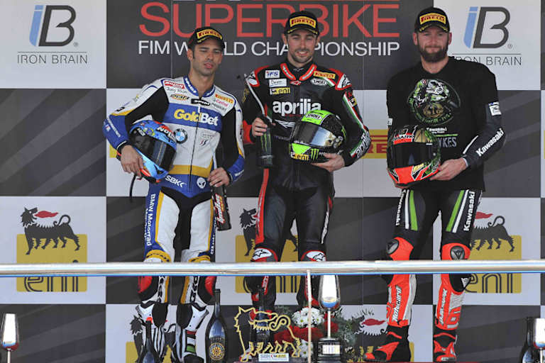 Das Podium von Lauf 1 in Jerez: Melandri, Laverty und Sykes (v.l.)