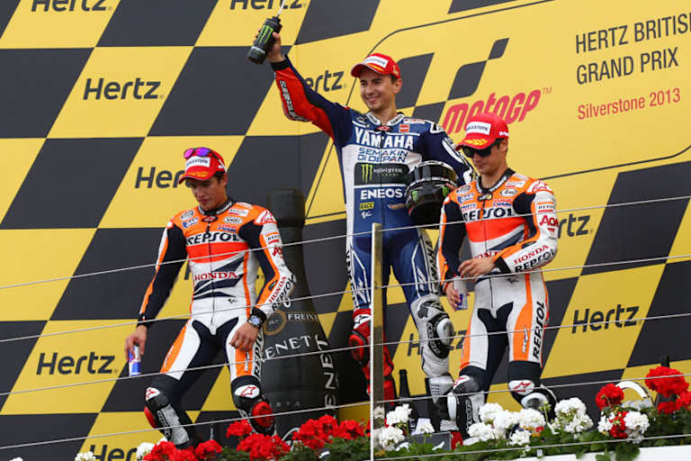 Silverstone-Podest: Lorenzo gewann vor Márquez (li.) und Pedrosa (re.)