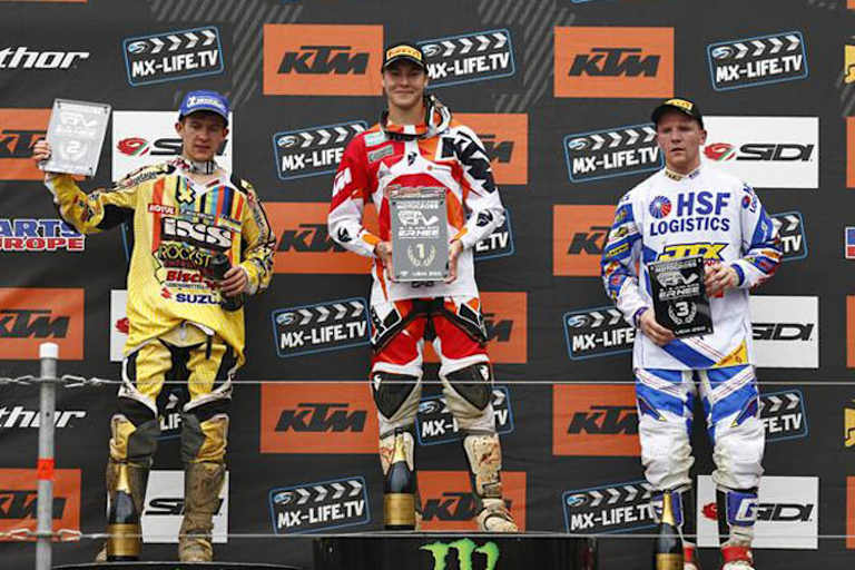 EMX250 in Ernée: Valentin Guilod gewann vor Seewer (li.) und Ceriel Klein Kromhof