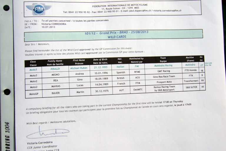 Bedeutungsreiches Dokument: Die Bestätigung der Wildcard für den Brünn-GP
