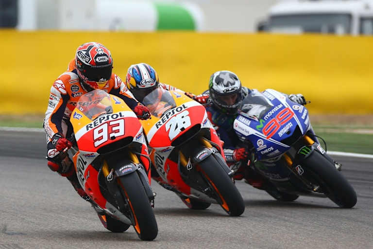 Aragón: Márquez vor seinem Teamkollegen und engsten WM-Verfolger Dani Pedrosa, dahinter der spätere Sieger Jorge Lorenzo
