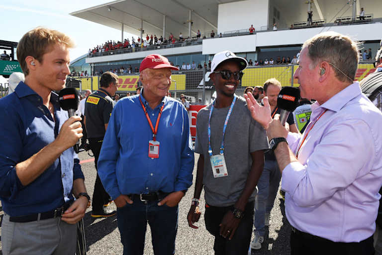 Martin Brundle (rechts) mit Nico Rosberg, Niki Lauda und Mo Farah in Japan 2017